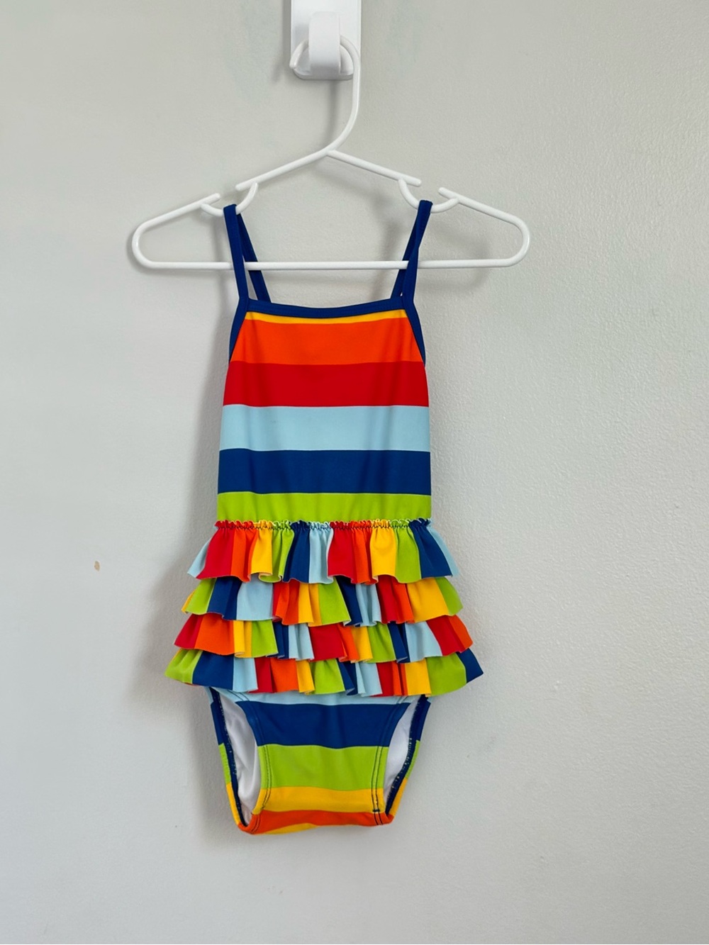 Hanna Andersson Rainbow Stripe Ruffle One-Piece Swimsuit - Blue/Red/Green